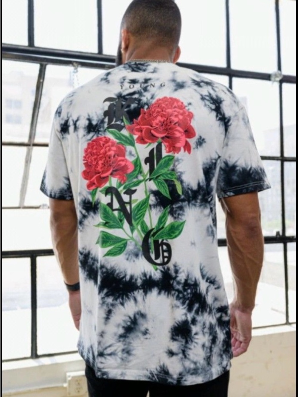 YoungLA Black & White Tie-Dye Tee with Red Floral Back Graphic